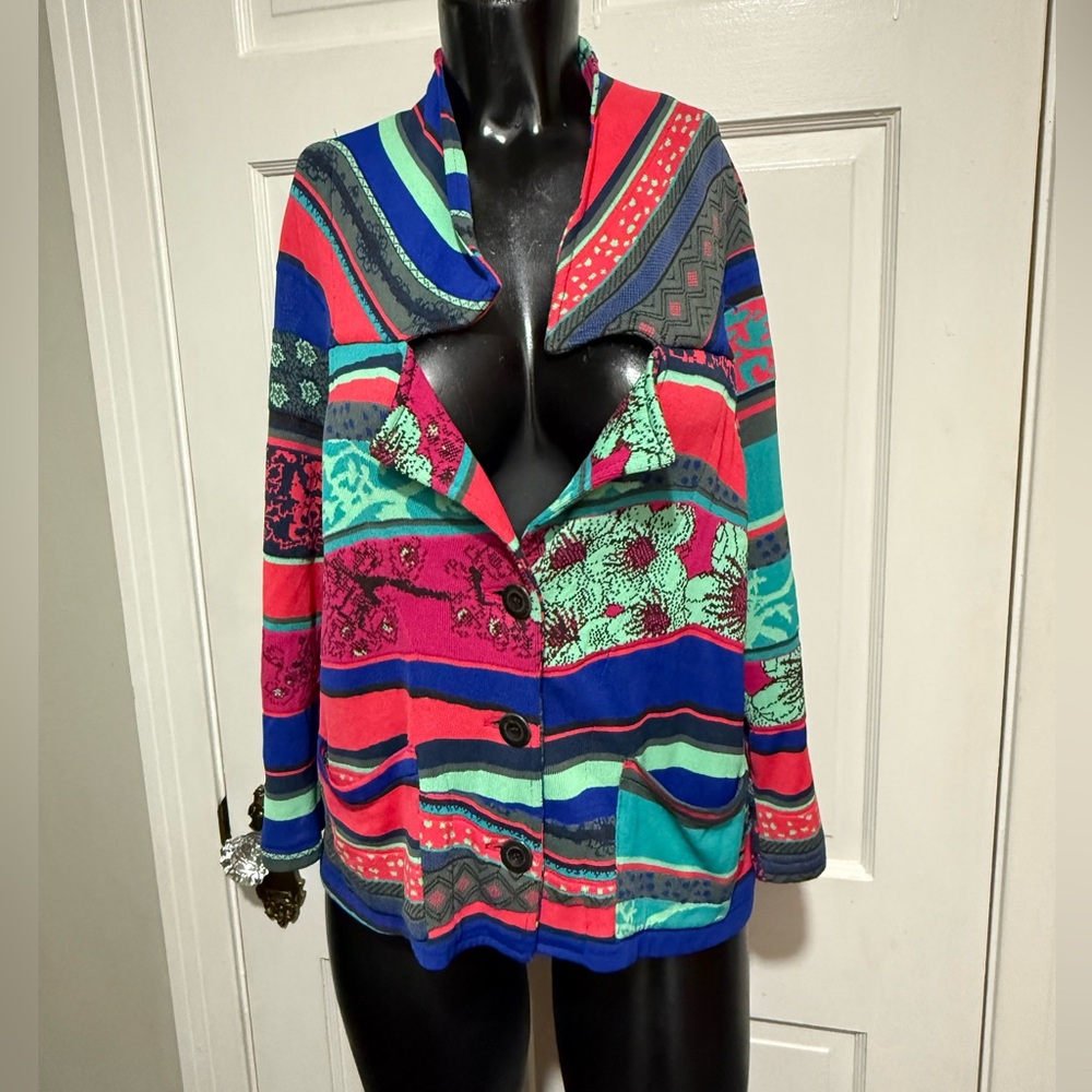 Aldo Martins Shirt Lightweight Jacket Colorful Size 12 Pink Teal Blue Pattern